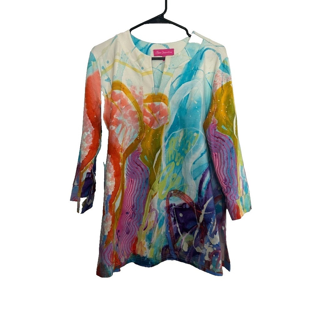 Claire Desjardins Womens XL Multicolor Tunic Top Abstract 3/4Sleeve Wearable Art